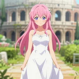 isekai cute anime girl pink hair wearing white dress standing in roman garden beautiful lineart, concept art, depth focus, rankings pixiv, artstation, chromatic aberration, soft lighting, srgb, 4 k artstation, hdr, cinematic, by kadokawa, nitroplus, ilya kuvshinov, ross tran, leyendecker, wlop, guweiz