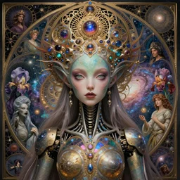 detailed realistic beautiful young cher alien robot as queen of andromeda galaxy portrait by jean delville, gustave dore and marco mazzoni, art nouveau, symbolist, visionary, baroque, giant fractal details. horizontal symmetry by zdzisław beksinski!!, iris van herpen, raymond swanland and alphonse mucha. highly detailed, hyper - real, beautiful