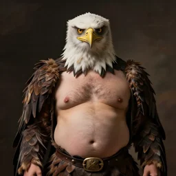 man with very cheap eagle costume, hairy belly