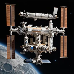 ultra realistic portrait of international space station!!, moon and galaxy in background!, discovery one, space ship, intricate, elegant, highly detailed, digital painting, artstation, concept art, smooth, sharp focus, illustration, art by cgsociety, 8 k