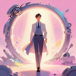 arrogant elegant man travels through time via biomechanical portals, pixiv fanbox, dramatic lighting, maximalist pastel color palette, splatter paint, pixar and disney exploded - view drawing, graphic novel by fiona staples and dustin nguyen, peter elson, alan bean, wangechi mutu, clean cel shaded vector art, trending on artstation