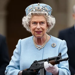 the queen of england with a minigun