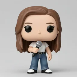 funko pop figurine of beautiful girl holding a microphone, very straight brown hair and pale skin wearing white thirt and jeans