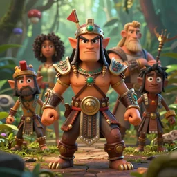 mayan jungle warrior game character figure, expressive pose, sharp, centered focus, intricate detail, by jamie hewlett, moebius, dan mumford, josan gonzalez, greg rutkowski, pixar, cinematic, movie poster, trending on artstation
