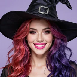 ultra realistic portrait of a hot witch , colorful hair, pink lips, gorgeous smile, stunning, hottest, 8K resolution, deviantart,