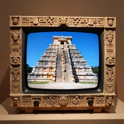 an ancient television made by the mayans, displayed in a museum. the screen is displaying a mayan temple.