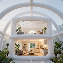 inside inflatable organic timber home. the inflatable fabric translucent white, black stitching. very tall double - height living room and kitchen. mesh fabric strong woven texture. geodesic cellular geometry. hydroponic garden. architectural photography. unreal engine, 4 k, 8 k. volumetric lighting.