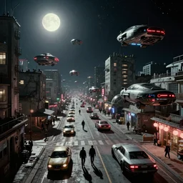 hundreds of plasmacraft vehicles on the street in a Russian cyberpunk slum city called Neo Norilsk on the Moon, at night, diverse, lively, black sky full of stars, blinding sun, sci-fi, lots of flying cars, levitation, cyberpunk outfits, photorealistic, grainy, 35mm, intricate, very very beautiful, elegant, smooth, cinematic, Unreal Engine 5, trending on Artstation HD