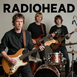 Radiohead, Thom Yorke (guitar), Jonny Greenwood (lead guitar), Colin Greenwood (bass), Ed O'Brien (guitar), Philip Selway (drums), realistic, hyperrealistic, highly detailed, very detailed, ultra detailed, by Stanley Donwood