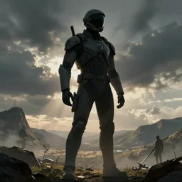 concept art, stylized silhouette, super exaggerated proportions, concept design, male, science fiction suit, helmet, by pascal blanche