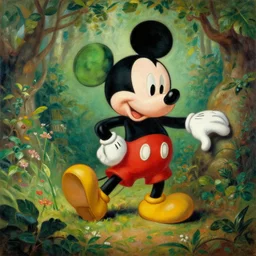 mickey mouse entering the garden of eden, oil painting by leonardo da vinci, masterpiece