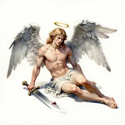 a watercolor ink painting of a fallen demonic archangel with a broken halo wielding a jagged broken blade in the style of jean giraud in the style of moebius trending on artstation deviantart pinterest detailed realistic hd 8 k high resolution