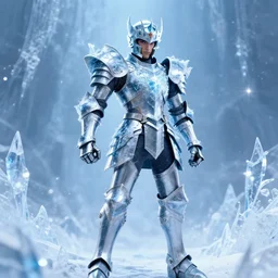 full shot of knight wearing ice Armor, inspired by Saint Seiya , frozen background, high détails, octane render, volumetric lighting