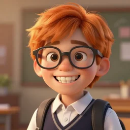 kid with big buck teeth, glasses, orange hair and freckles wearing a school uniform, dslr, 8 k, octane beautifully detailed render, warm mood, cinematic lighting, detailed photo, masterpiece, volumetric lighting, ultra realistic, highly detailed, high quality, lossless, photorealistic