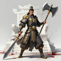 character concept, full body, dynamic pose, tang dynasty mingguang armor, skeleton general, a long sword, a giant axe, by maxfield parrish and marco mazzoni, trending on artstation, dark fantasy, bad omens, a chinese throne, white stone steps seeping blood, 3 d, unreal engine, gold, grey blue and white color scheme