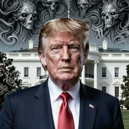 alien donald trump, sharp teeth, by h. r. giger, nightmare fuel, nightmarish, intricate, highly detailed, optical illusion, president donald trump in white house
