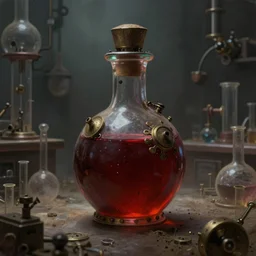 a painting of a steampunk dark red brown potion bottle in a dark dusty vintage science lab, by h. r. giger, hyperrealistic fantasy art, concept matte, ethereal, dreamy, digital art, trending on artstation, volumetric cinematic lighting