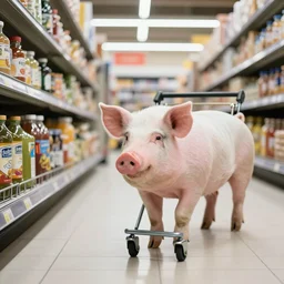 A pig pushing a cart at the supermarket
