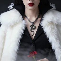 a detailed portrait of a woman as a vampire witch wearing white fur cape and black coat swan feather, macro snake necklace jewellery photography, red flowers, mystic fog clouds jungle, by jeremy mann, alma tedema, bouguereau, fantasy art, photo realistic, mist, artstation, poster, volumetric lighting, 4 k, award winning, canon, photo of the year