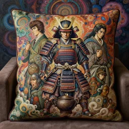 a bookcase couch cushion coffee pot creature samurai warrior, intense intricate detail, beautiful and gorgeous design, cinematic composition, painting masterpiece by rembrandt, michelangelo, junji ito, yoji shinkawa, takehiko inoue, psychedelic imagery background, fractal clouds