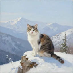 painting of a cat on a winter mountaintop