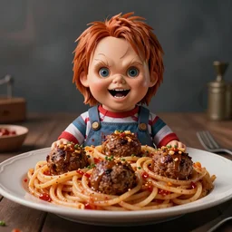 spaghetti with meatballs shaped like screaming chucky doll, octane render