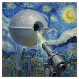 bright beautiful oil painting of the death star aims its weapon at new york city in 2 0 1 9, light scatter, van gogh