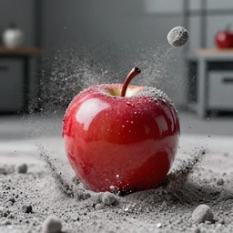 A plastic apple in a exposure room exploding into thousands of grey sand pieces flying in all directions, the grey sand pieces leave a gray sand trail, 40nm lens, shallow depth of field, split lighting, 4k,
