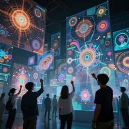 cinematic shot epic virtual of creativity, walls of large moving images, hyper realistic, mood lighting, fantasy, detailed people creating beautiful diverse large holographic art, highly detailed, super realistic, point of view of visor wearer, hands painting in the air!, perfect lighting pixel sorting