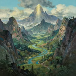 epic fantasy landscape, mountains, rivers, insane detail, cinematic lighting, acrylic paint, cel shading, lightpainting, cinematic wide shot, Craig Mullins, Ralph McQuarrie, Miyazaki, Octane render, Unreal Engine, by Weta Digital, by Wētā FX, quixel megascans