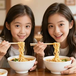 Two happy beautiful girls holding chopsticks and eating a bowl of ramen, hyper realistic, insane detail, Pixar