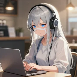 a digital painting of a frowning beautiful anime girl with long silver hair with headphones and a face mask in coffeeshop working on her laptop, digital art, backlight, ilya kuvshinov, high detail, blue anime eyes