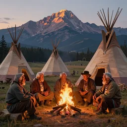 some old native americans sitting together at a fire in front of some tipis, beatiful mountain background, cyberpunk, by albert bierstadt, by greg rutkowski, highly detailed, warm lightning, digital painting