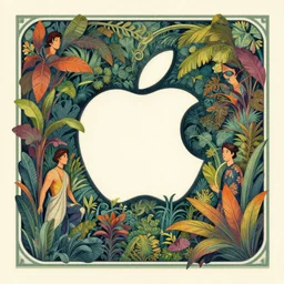 ( ( dither ) ), editorial illustration portrait of an isometric apple logo surrounded by colorful lush overgrowth foliage, modern art deco, ( ( mads berg ) ), christopher balaskas, victo ngai, rich grainy texture, detailed, dynamic composition, wide angle, matte print, art nouveau, unreal engine