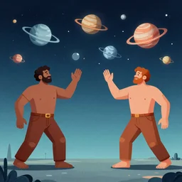 a rendition of two giants playing catching with the planets from@our solar system, digital art