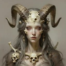 stunning christian goddess of skull portrait, horns, bones skull, dirt, fantasy, intricate, elegant, highly detailed, digital painting, artstation, concept art, smooth, sharp focus, illustration, art by afshar petros and krenz cushart and artem demura