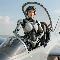 female robot fighter pilot poses in jet cockpit
