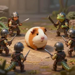 cute little anthropomorphic Guinea Pig soldiers fighting anthropomorphic lizard soldiers, ultra wide lens shot , tiny, small,  short, cute and adorable, pretty, beautiful, DnD character art portrait, matte fantasy painting, DeviantArt Artstation, by Jason Felix by Steve Argyle by Tyler Jacobson by Peter Mohrbacher, cinematic lighting