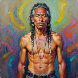 palette knife oil painting portrait of a middle aged, athletic, lean, aboriginal hipster, psychedelic, artstation trending, artgerm, any racial background, deviant art, hipster, octane, substance, art history 8 k