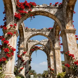broken arches leading to the pillars of eternity draped with red flowers and vines, blue sky, ultra detailed, intricate, sharp focus, 8K,