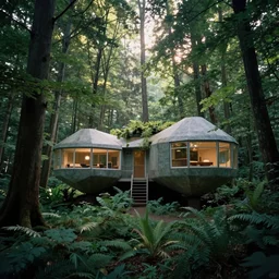 fairiepunk forest dwellings, parametric, farnsworth house, mies van der rohe, nestled, backlit, deep beautiful forest, craig mullins, charlie bowater, beautiful, 8 k,
