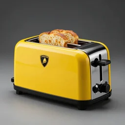 a lamborghini brand toaster with bright colors, bread in slots, aggressive angular design, bold lamborghini style, professional studio product shot