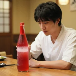 友 達 は 居 酒 屋 にいます 。 彼 らか 赤 の 飲 み 物 をのんている