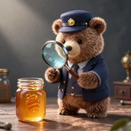 bear in detective outfit looks at empty jar of honey through magnifying glass, artstation, concept art