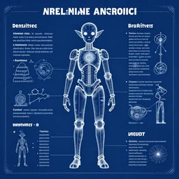 blueprint schematic poster of an elf android, educational scientific poster fantasy