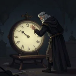 a illustration of a chronomancer bending the time in a dark room with a table shaped as a clock, trending on artstation