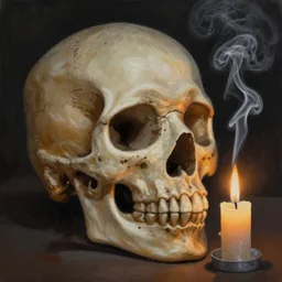 a beautiful painting of a candlelight with the smoke in the shape of a human skull, high definition, detailed