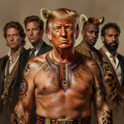 formal portrait. president trump with painted bare chest, wearing hyena skins. digital art by eugene de blaas, ross tran, and nasreddine dinet,, traditional african color scheme, intricately detailed, in the style of romanticism. artstation, greg rutkowski