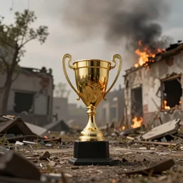 a lone golden trophy on an abandoned burned buildings and houses, with trees, digital art, burn smoke, cinematic photography, low depth field effect, trending on artstation