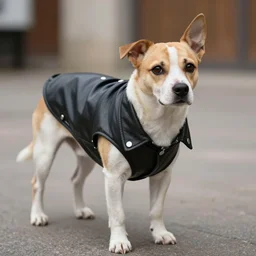 a dog wearing a leather jacket